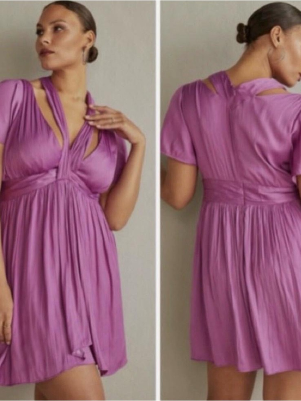 Anthropologie Purple Deep V Neck Mini Dress Silky Flutter Sleeve Size 12